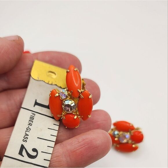 Flower Orange Matching Rhinestone And Bead Vintage Gold Brooch Pin Clip Earrings - Picture 8 of 8